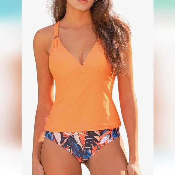 NWT Tankini Top with High Waist Bottoms Cross Strap Tie Back - Picture 7 of 8